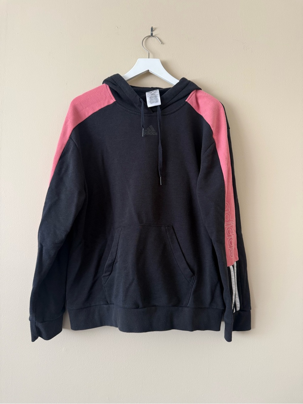 adidas Black/Pink Colorblock Fleece Pullover Hoodie w/ Pockets Women’s Large